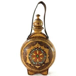 Hand Carved Wooden Decorative Flask Bottle Folk Art Leather Handle 8”